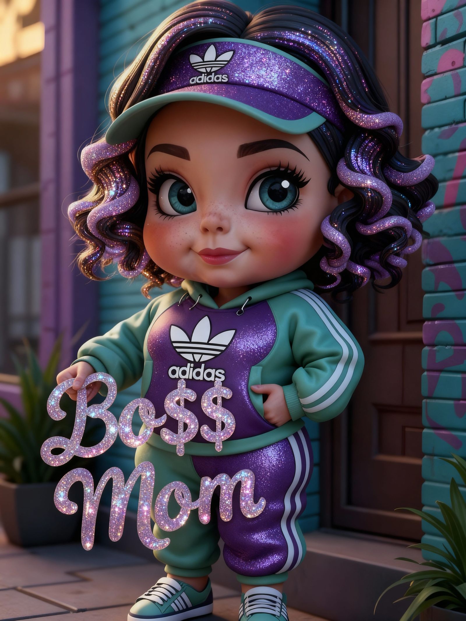Chibi Doll Woman with Glitter Text in Urban Setting