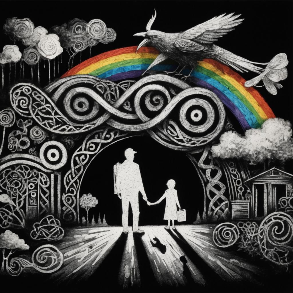 Celtic Raven Crayon Drawing with Rainbow Fairy