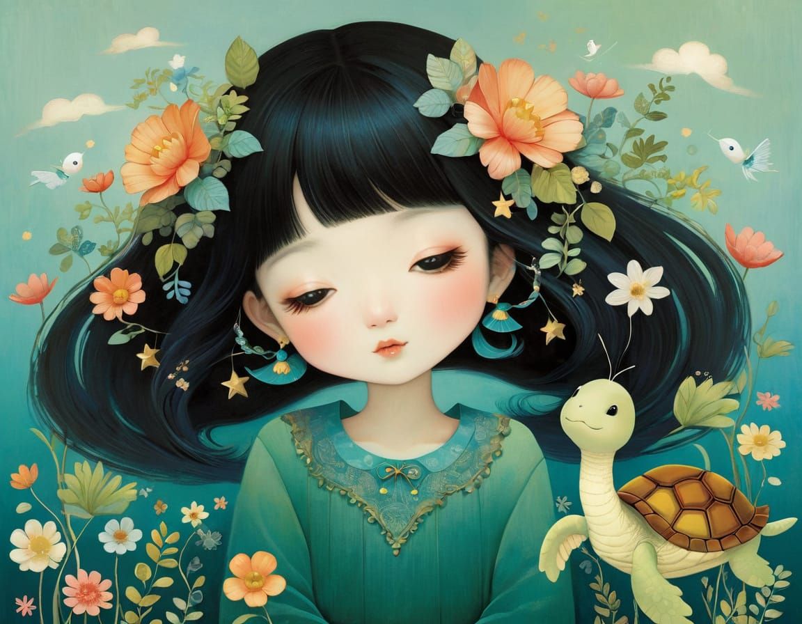 Singing Turtle in Folk Art Illustration