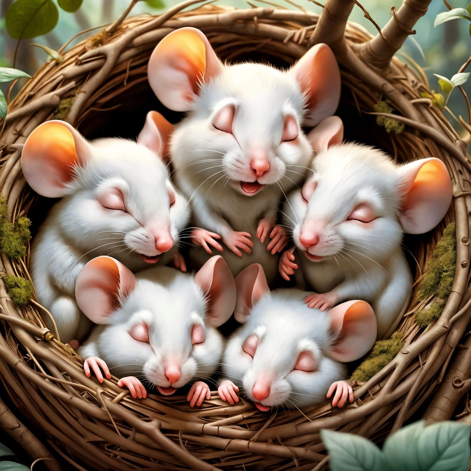 Adorable little white mice all cuddled up sleeping in their nest .....