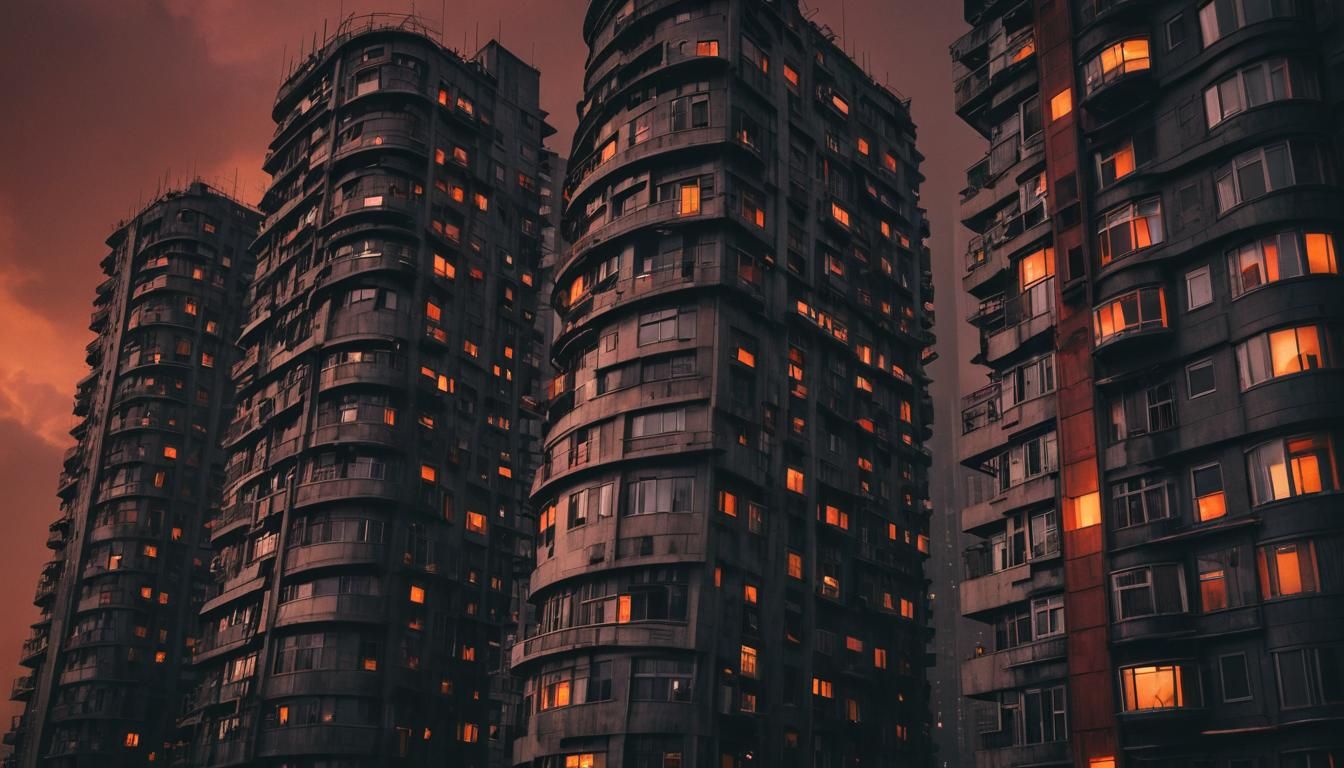Brutalist Futuristic Cityscape with Cyberpunk Elements