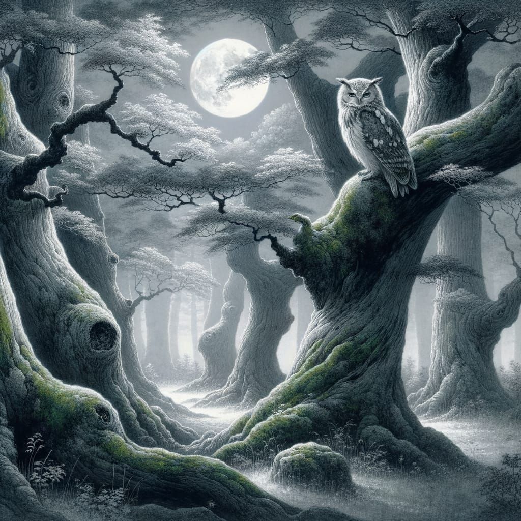 Moonlit Woodland Clearing with Wise Owl