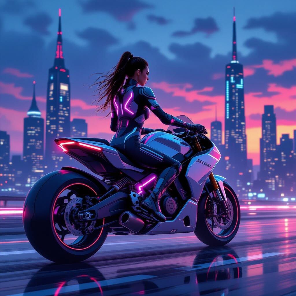 Futuristic Woman Rides Hoverbike in Neon Cityscape