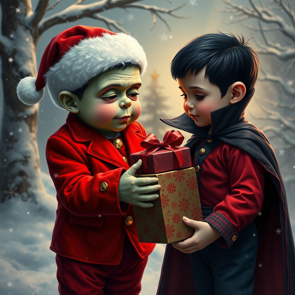 Frankenstein and Dracula Toddlers Exchange Christmas Gifts