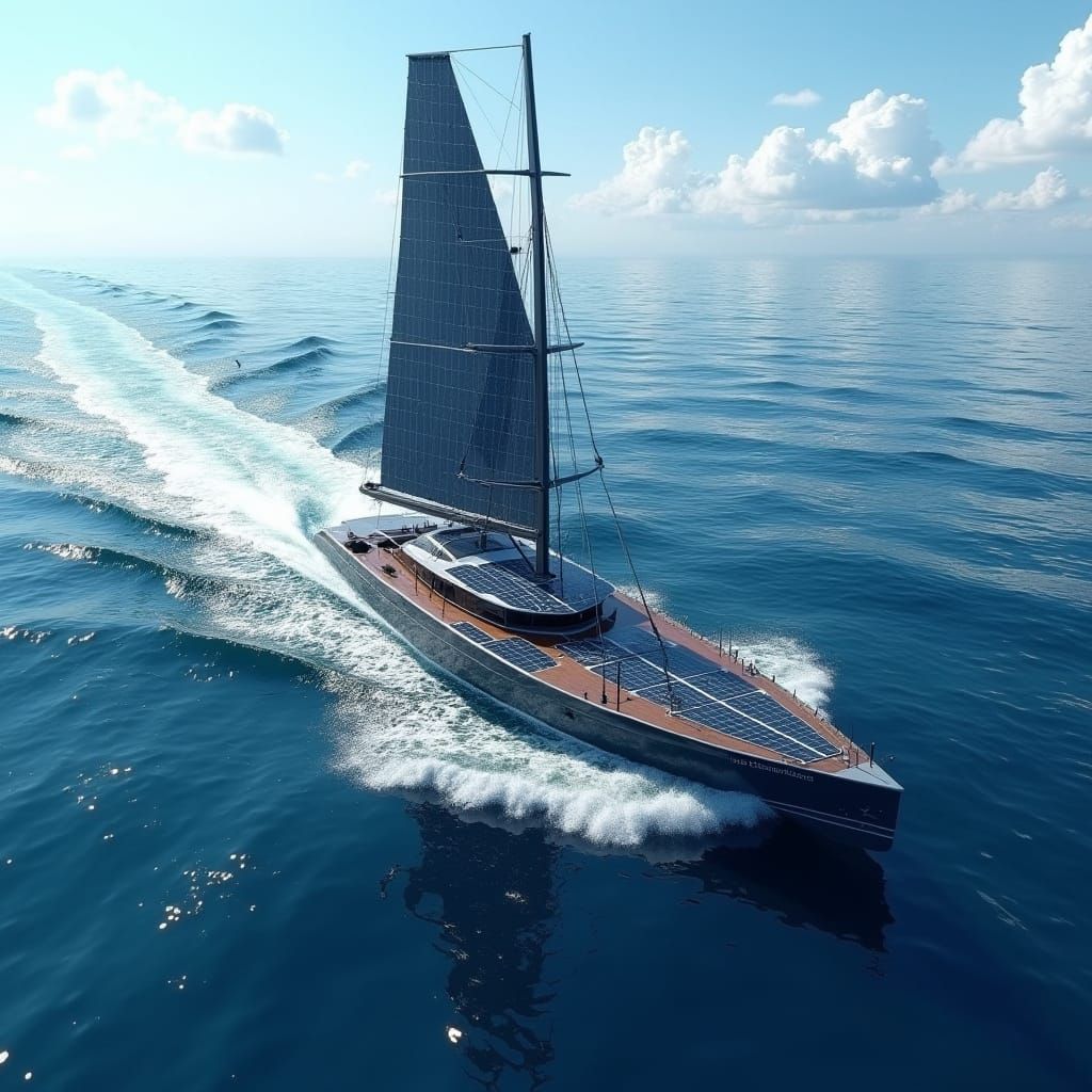 Catamaran Yacht with Solar Sails on Blue Ocean