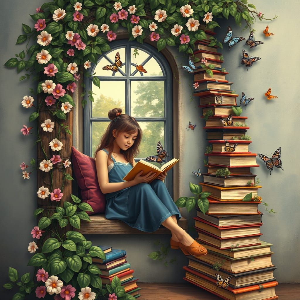 Cozy Reading Nook with Flowering Vines