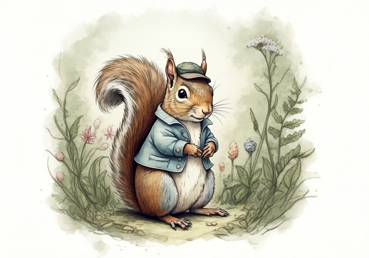 Whimsical Squirrel in Forest Clearing, Beatrix Potter Style