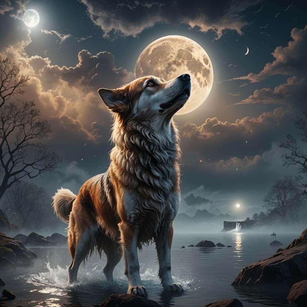Dog Howling at Moon: Fantasy Concept Art