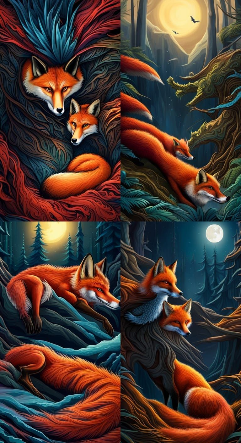 Dragon-Fox Hybrid in Starry Night Forest