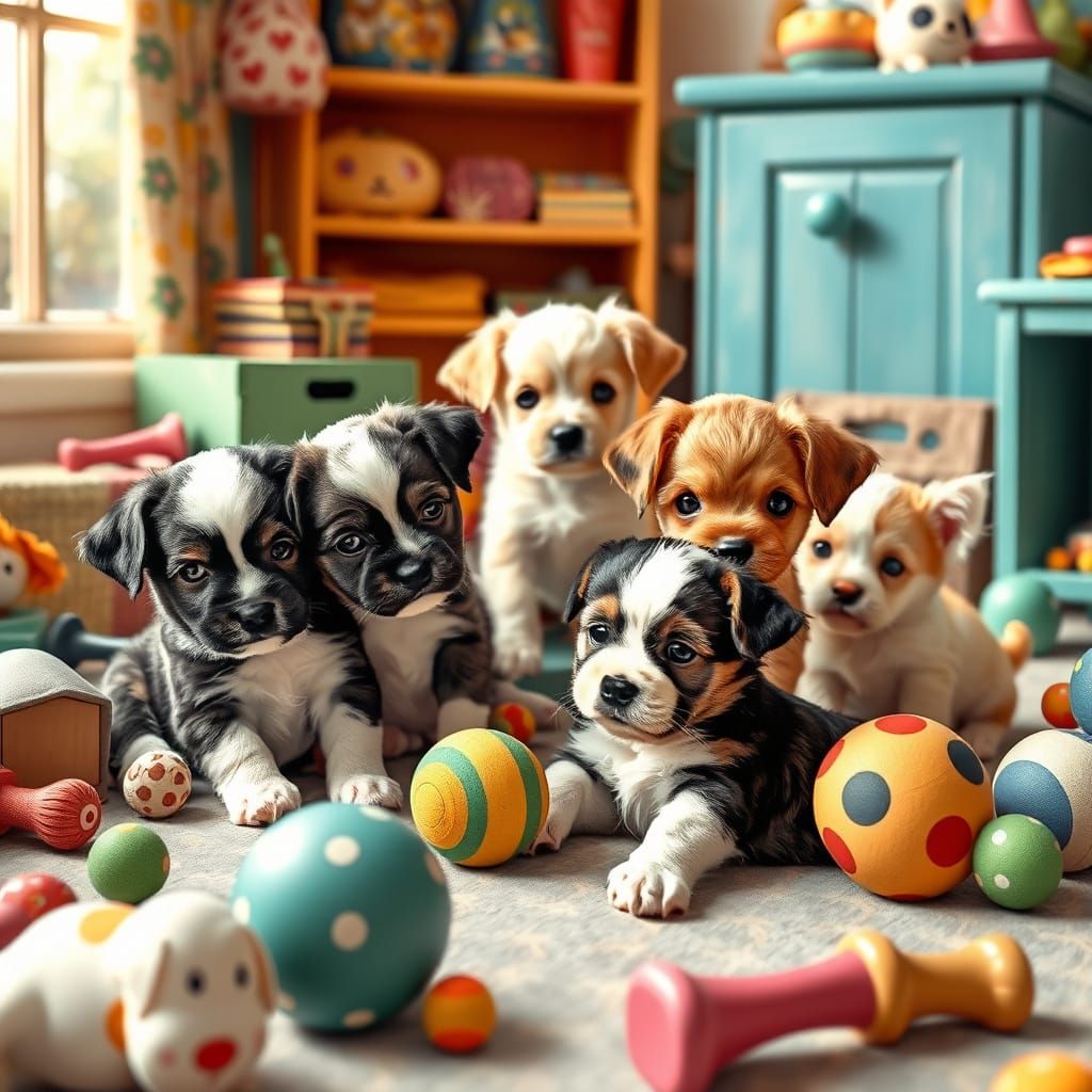 Whimsical Playful Puppies and Kittens in Bright Colorful Roo...