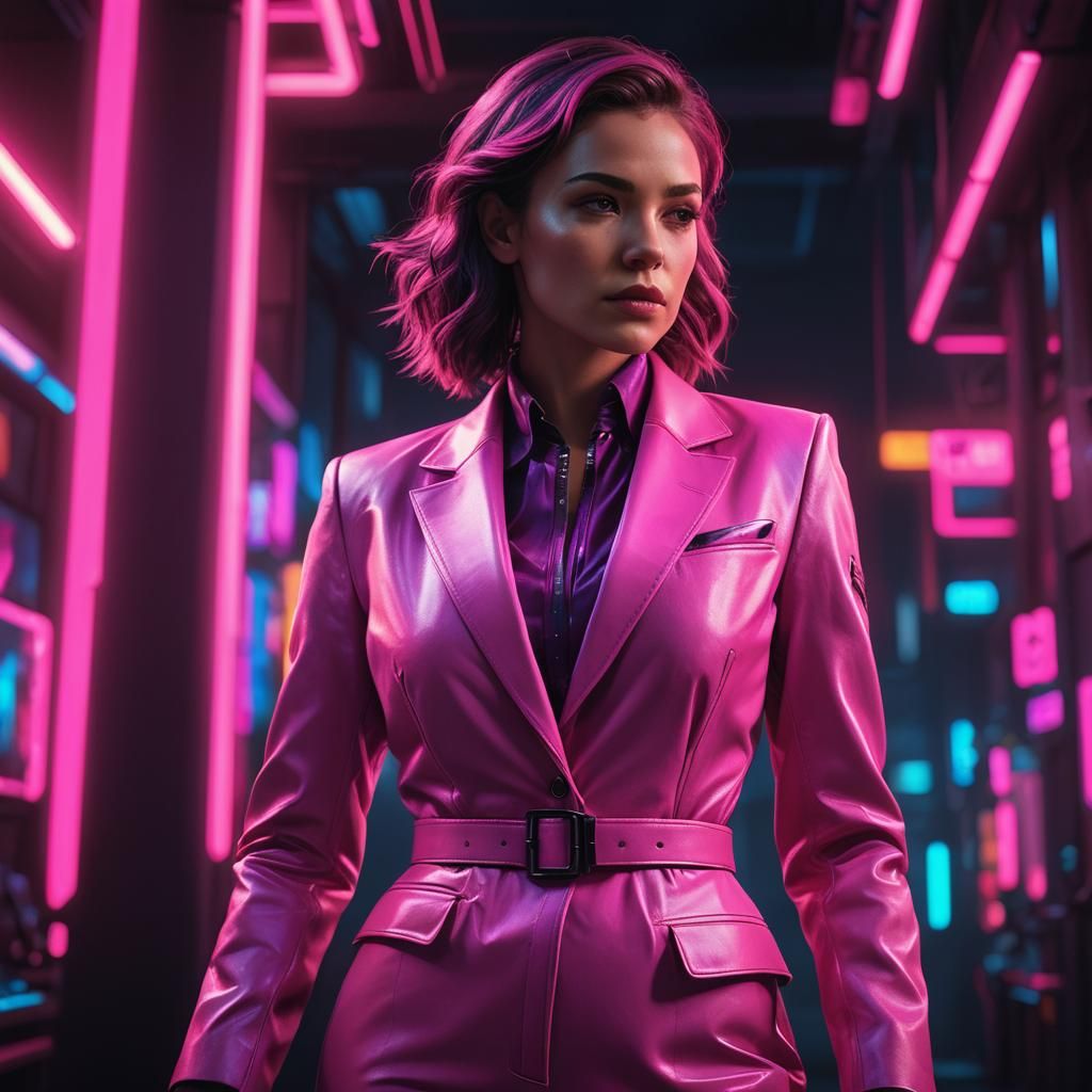 Neon Noir: Pink Power Suit in Art Deco Style