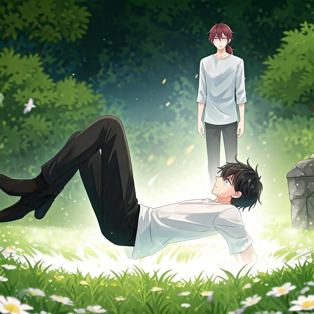 Young Man Falls into Floral Field, Digital Art