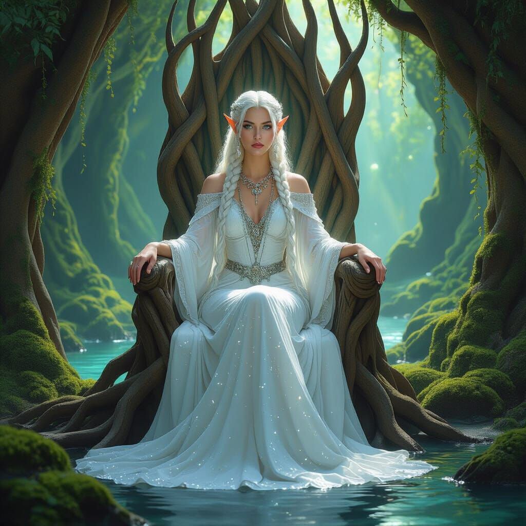 Elven Queen on Root Throne in Bioluminescent Grotto