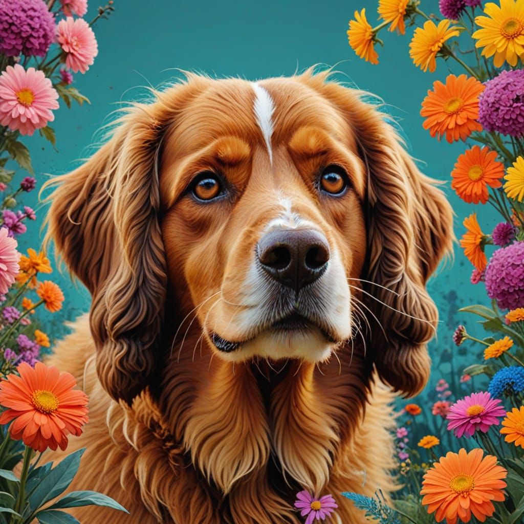 Surreal Pop Art Canine Portrait in Vibrant Triadic Colors