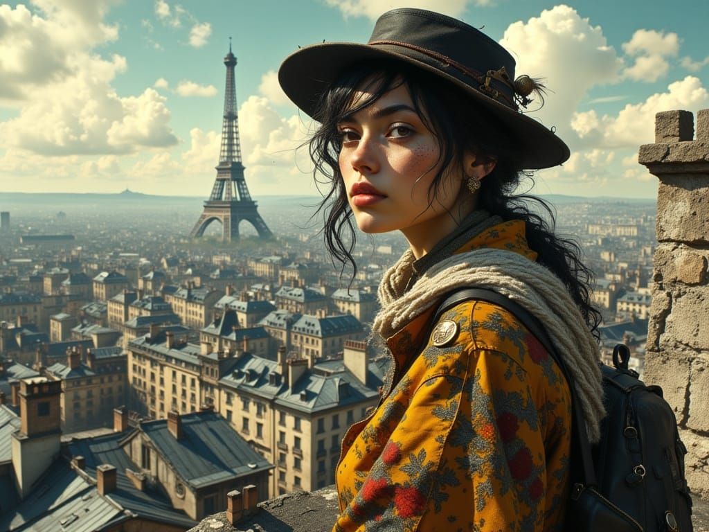 Woman on Paris Rooftops in Dynamic Lighting
