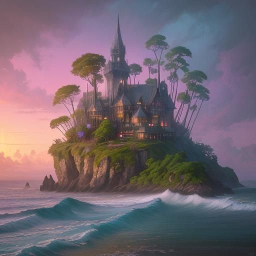 Dreamy Fantasy Beachscape with Towering Trees