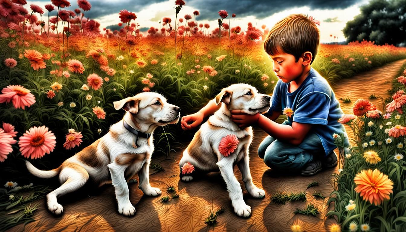 Boy Playing with Puppies in Hyperrealistic Style