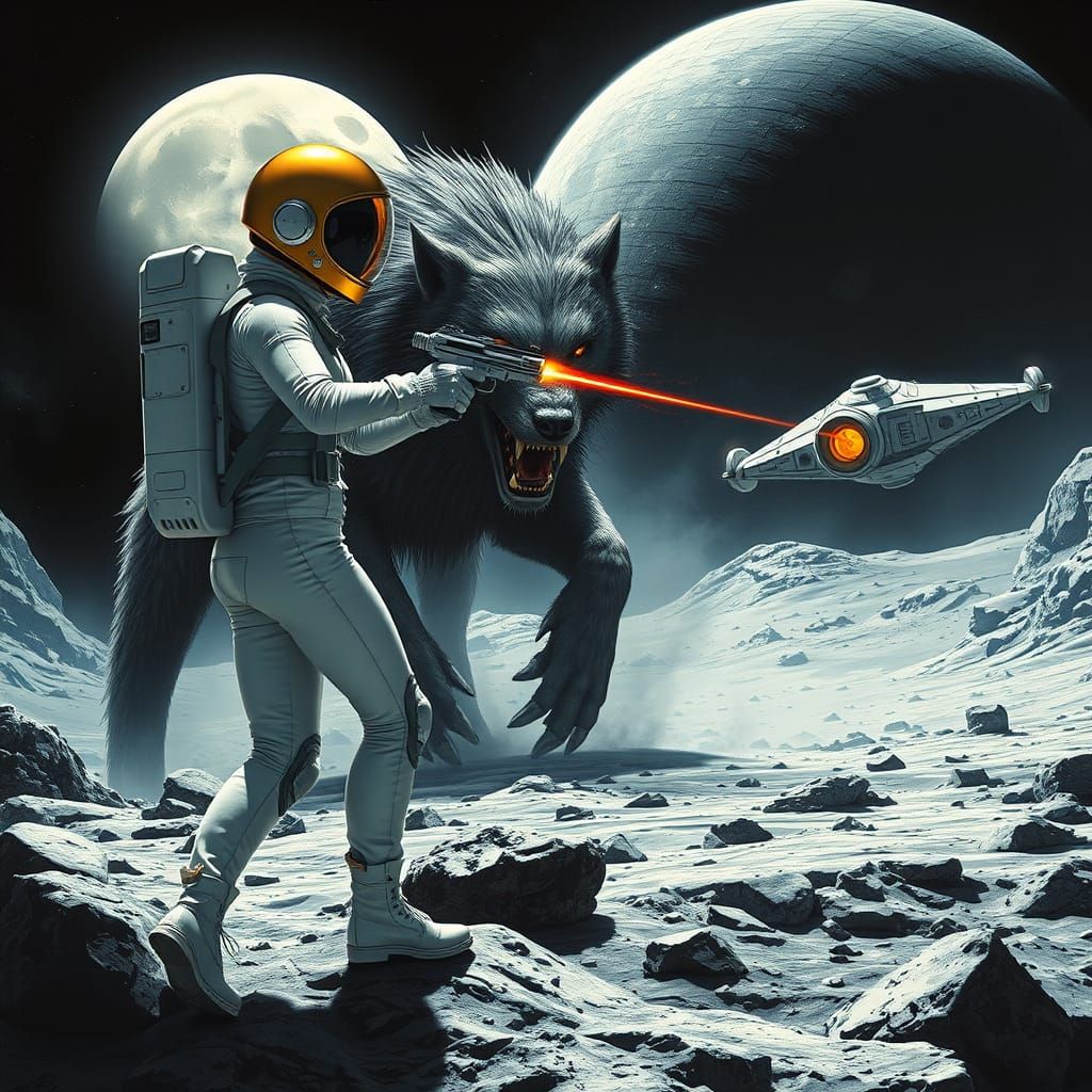 Astronaut Defends Spaceship from Werewolf on Moon