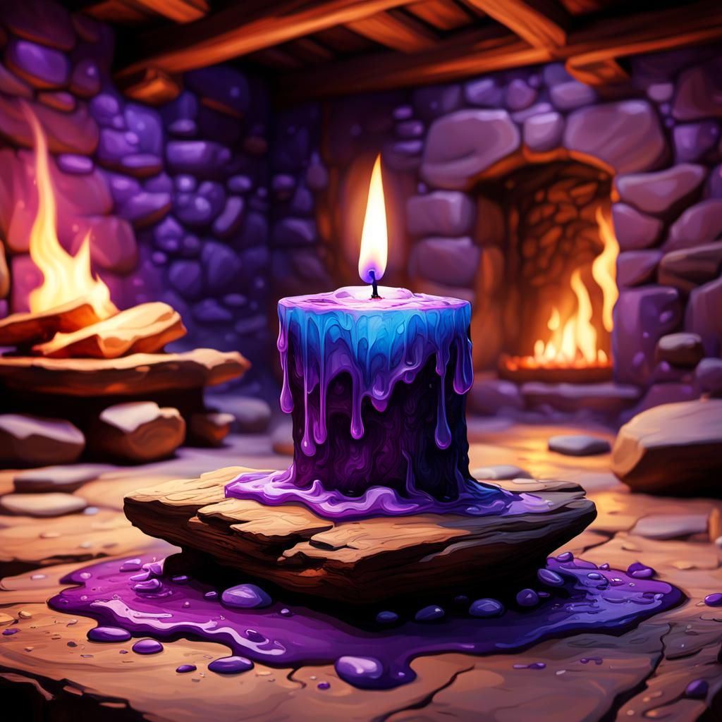 Violet Candle in Stone Room, Rich Oil Painting