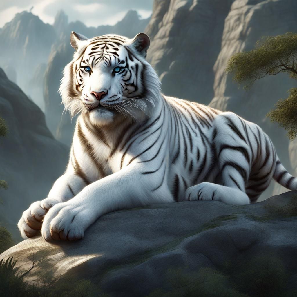 White Siberian Tiger on Rock: Cinematic Digital Art