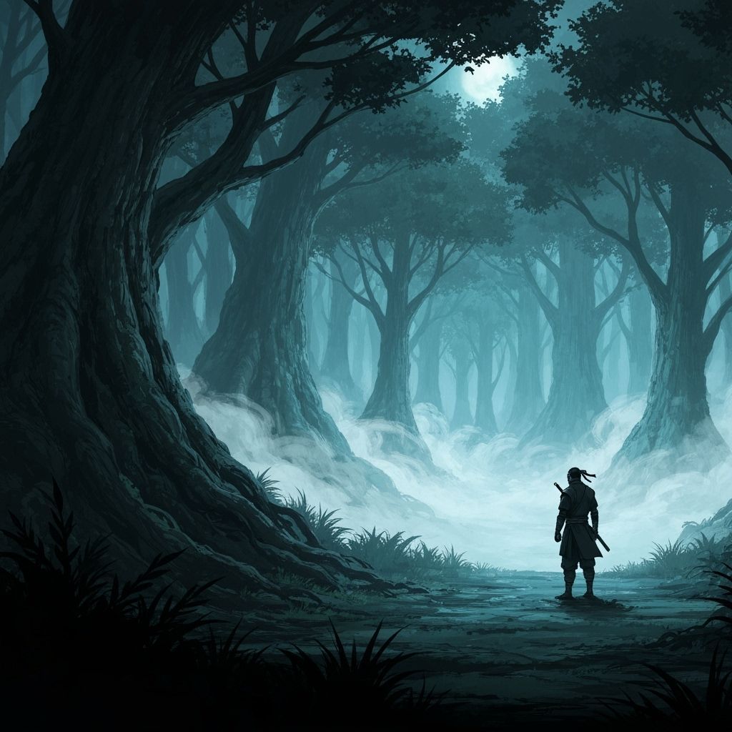 Lone Ninja in Misty Moonlit Forest