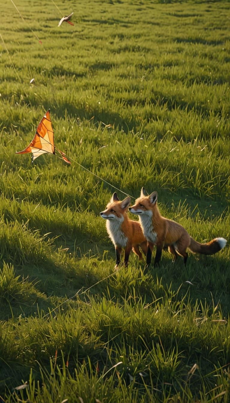 Foxes Play Kites in Lush Meadow: Photorealistic Rendering
