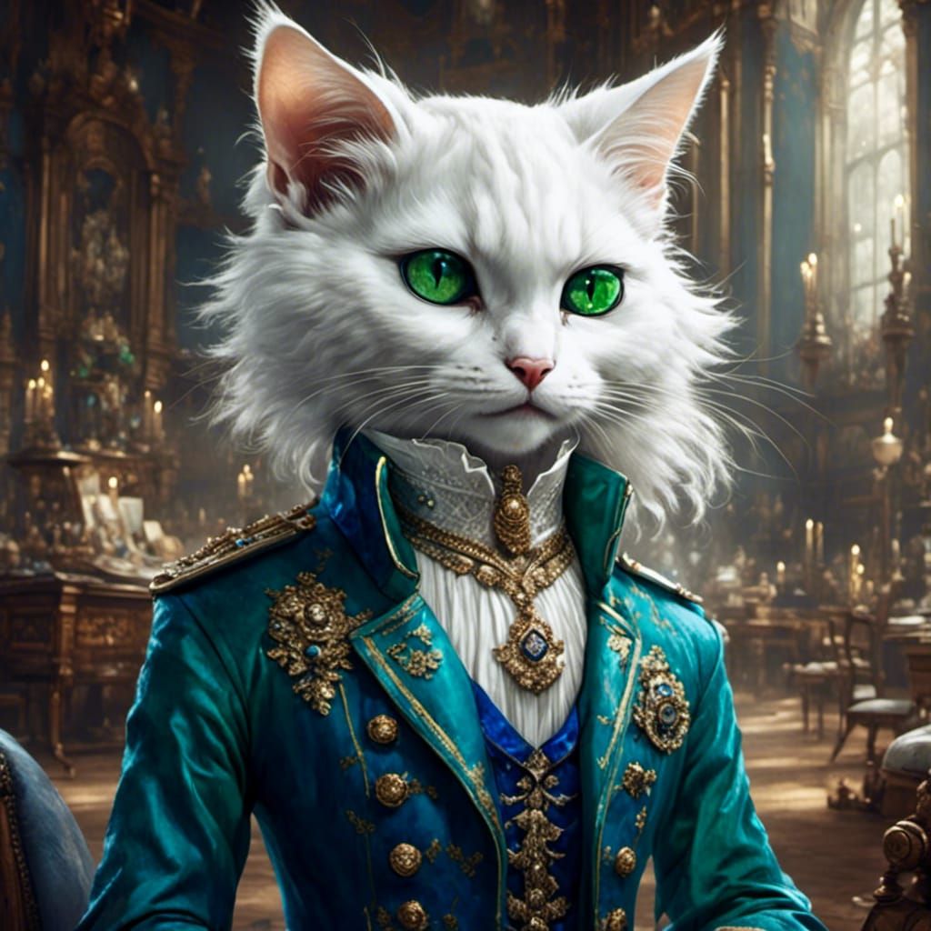 <lora:Anthropomorphic:1.0> A white anthropomorphic cat with green eyes wearing a fancy green jacket