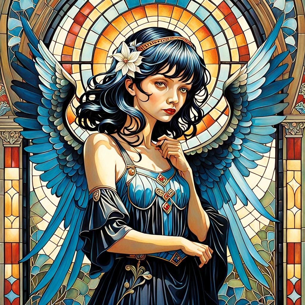 portrait, art nouveau, illustration, mosaic, gothic ANGEL, P...