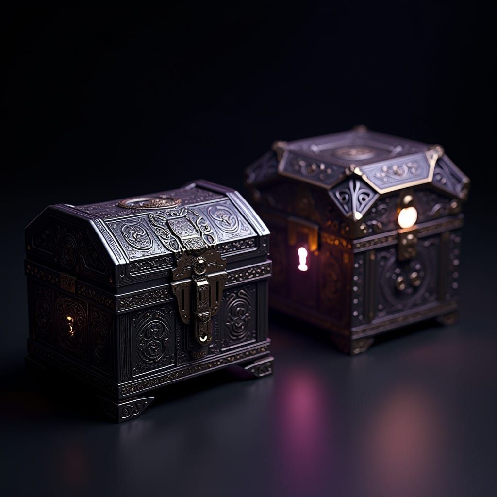 Mysterious Black Metallic Chests in Hyperrealistic Cyberpunk...