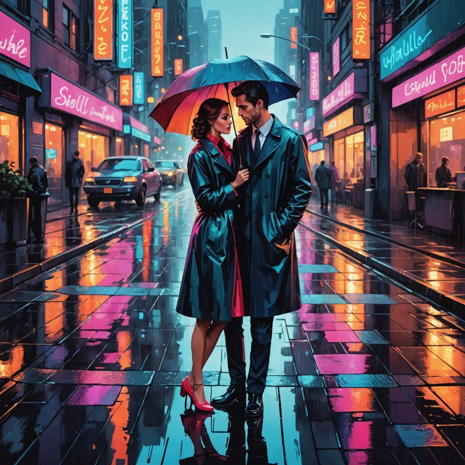 Elegant Couple in Futuristic Metropolis