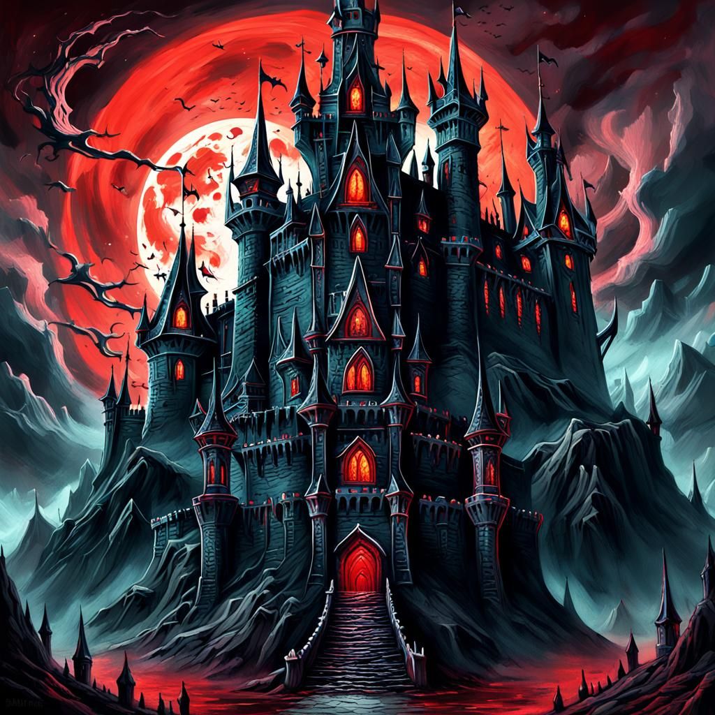 Ominous Castle Concept Art with Blood Moon