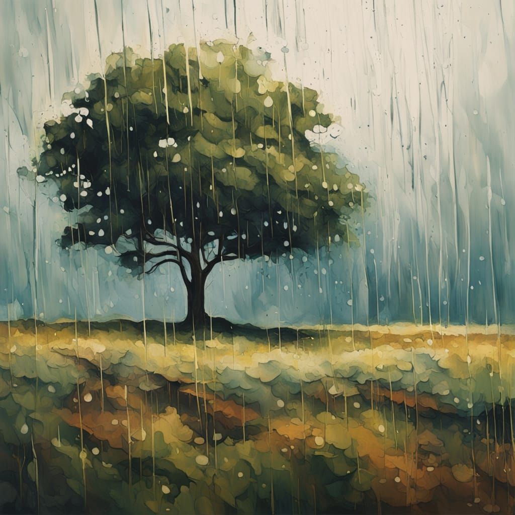Moody Landscape Painting of Rainy Tree