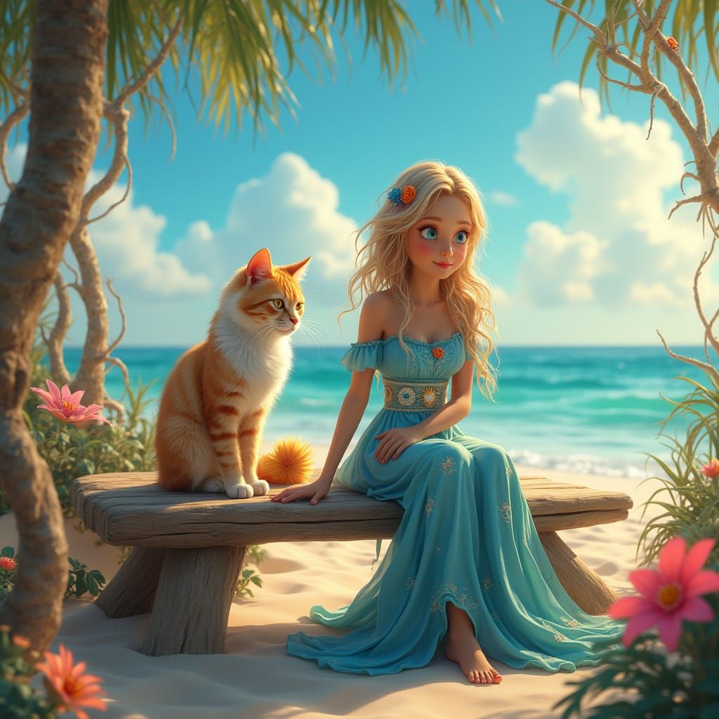 Regal Cat and Owner on Serene Beach Bench