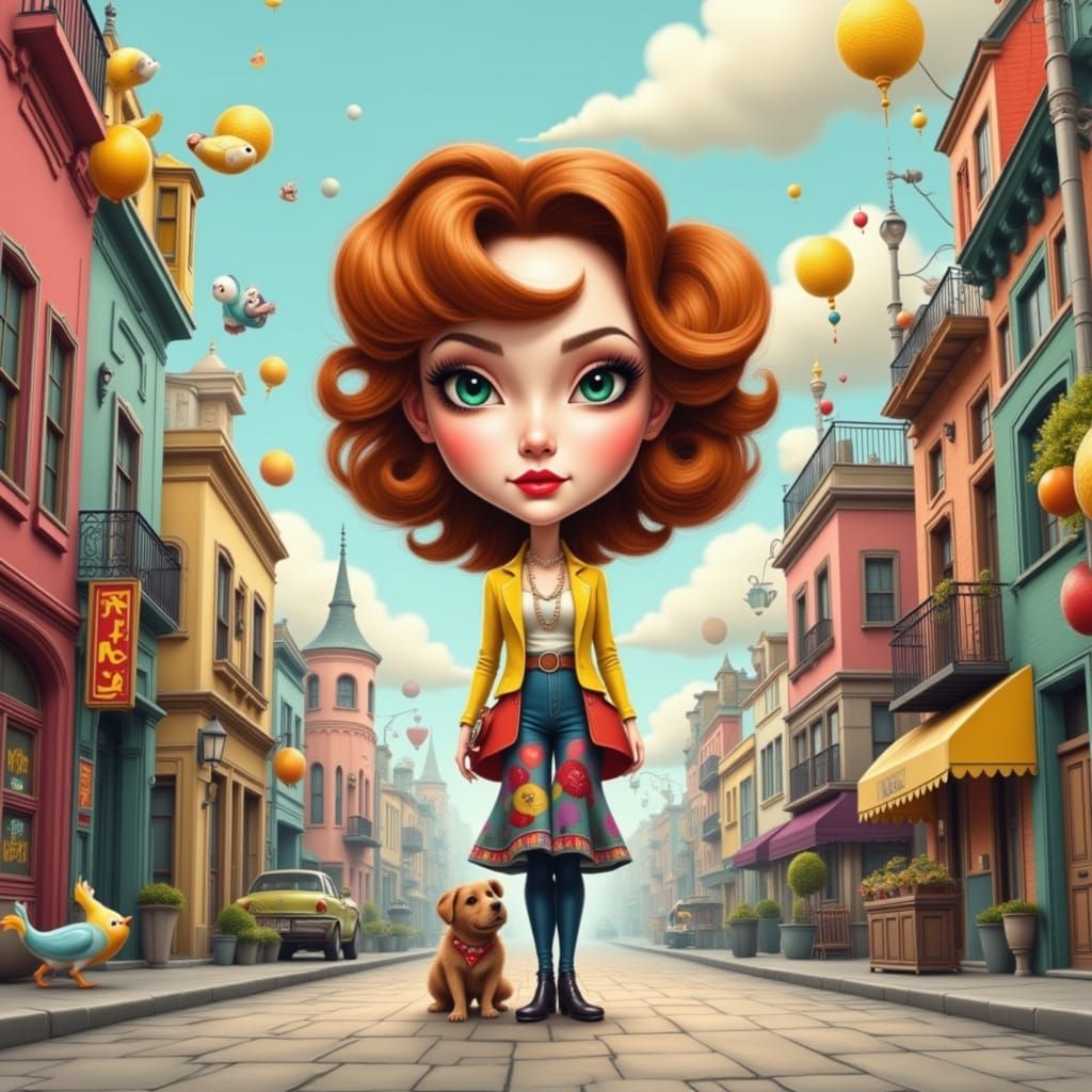 Cute Woman Caricature in Whimsical City