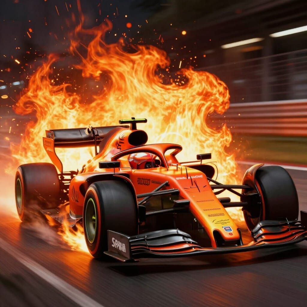 Formula 1 Car in Stylized Flames, Digital Matte Painting