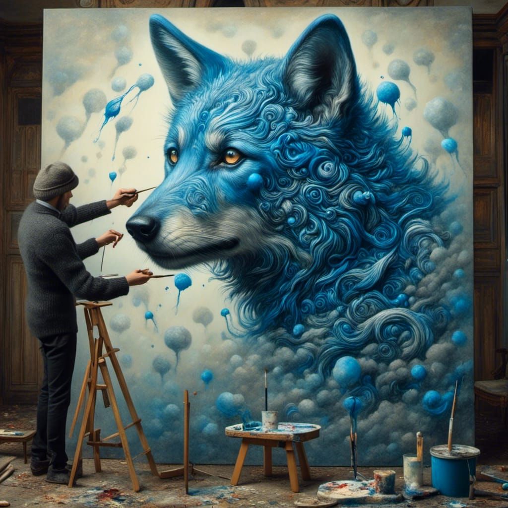 Surreal Blue Wolf Painting in Abstract Style