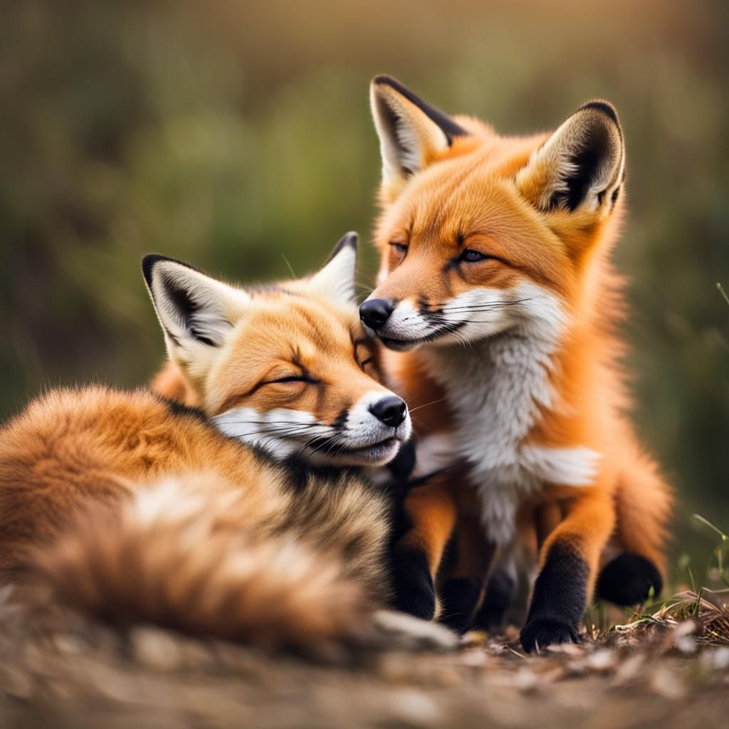 Fox and Puppy Snuggle in Gentle Light