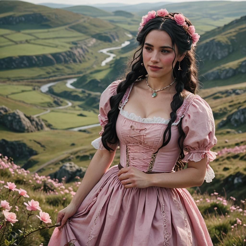 Black Haired Medieval Girl with Pink Flowers in her Hair