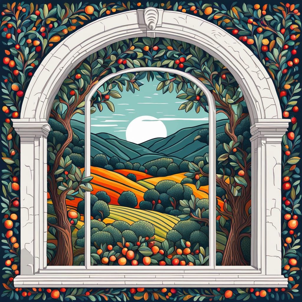 Folk Art Window Overlooking Stylized Olive Trees