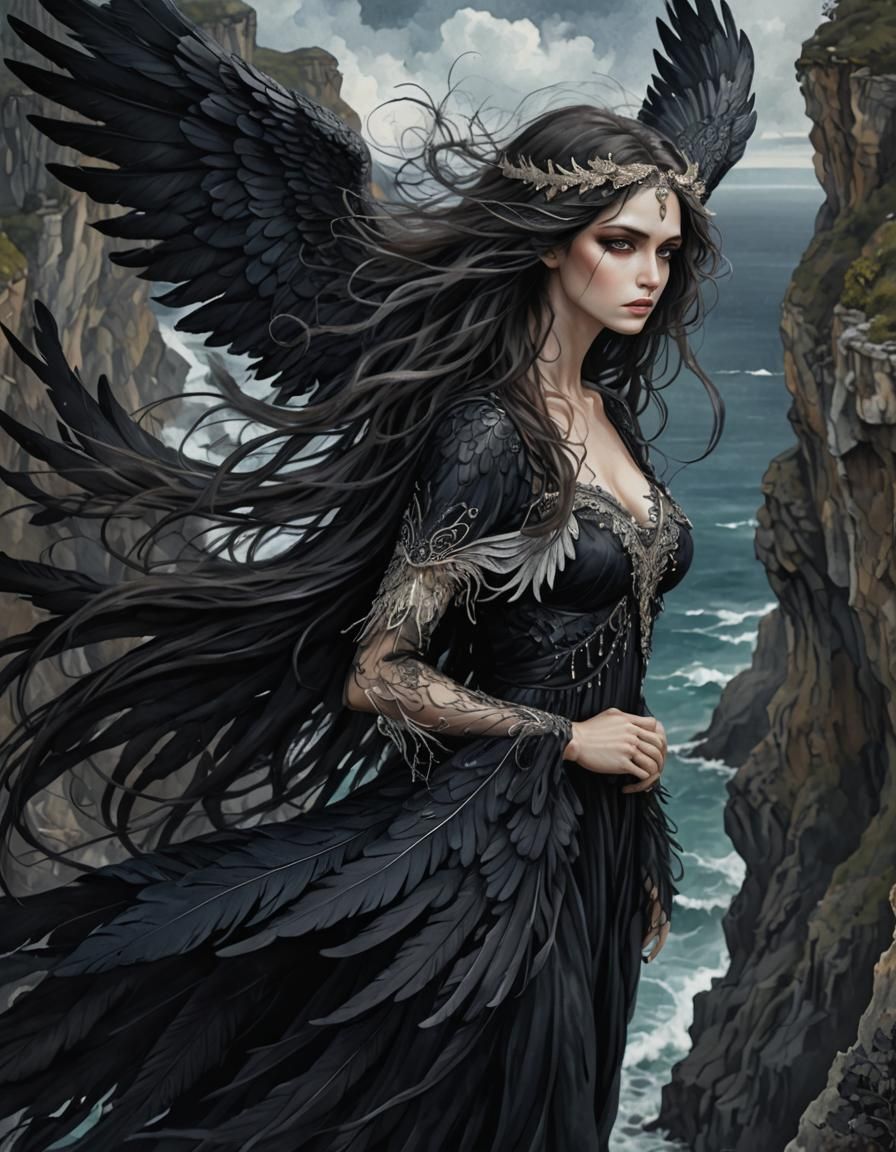 Whimsical Dark Angel Overlooking the Ocean