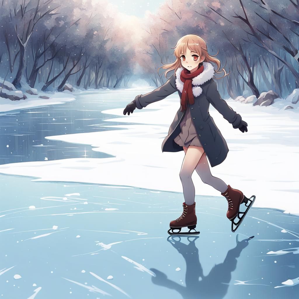 Girl Ice Skating on Frozen River in Anime Style