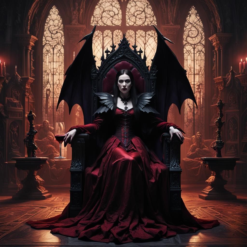 Gothic Vampire Countess on Throne in Dark Fantasy Style