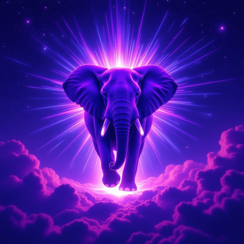 Purple Neon Spirit Elephant Ascends to Heavens in Digital Ma...