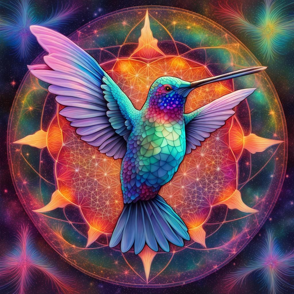 Hummingbird in Flower of Life with Psychedelic Patterns