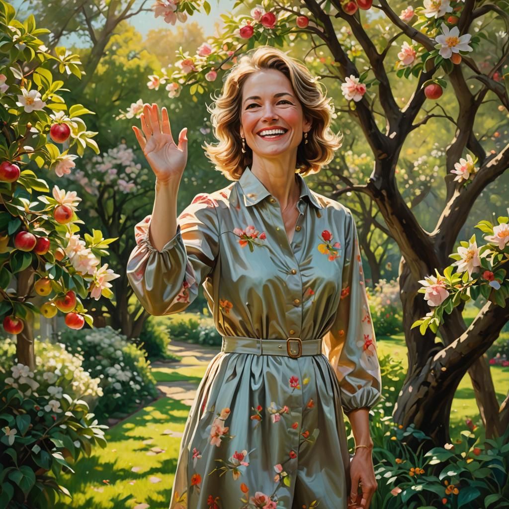 Woman Waving Beside Blooming Apple Tree, Oil Painting