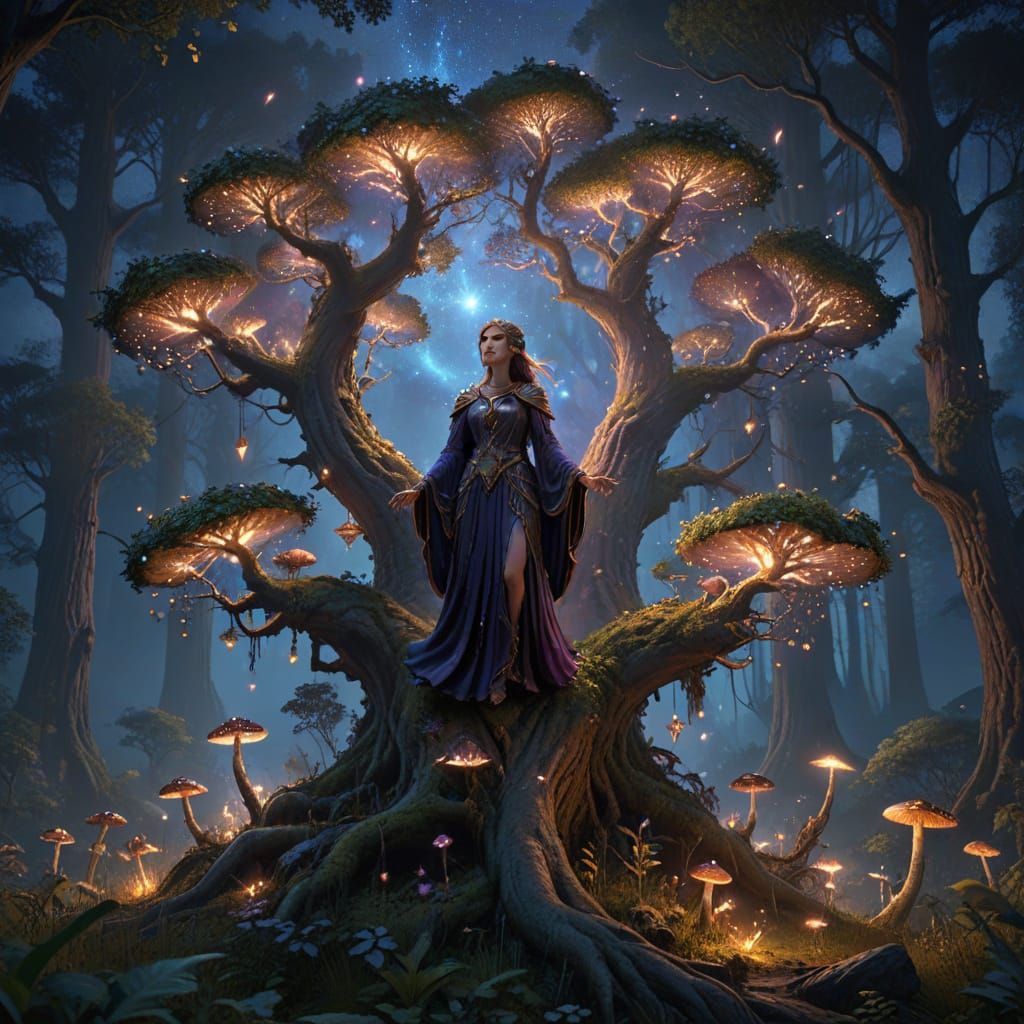 Regal Sorceress in a Vibrant, Dreamlike Forest