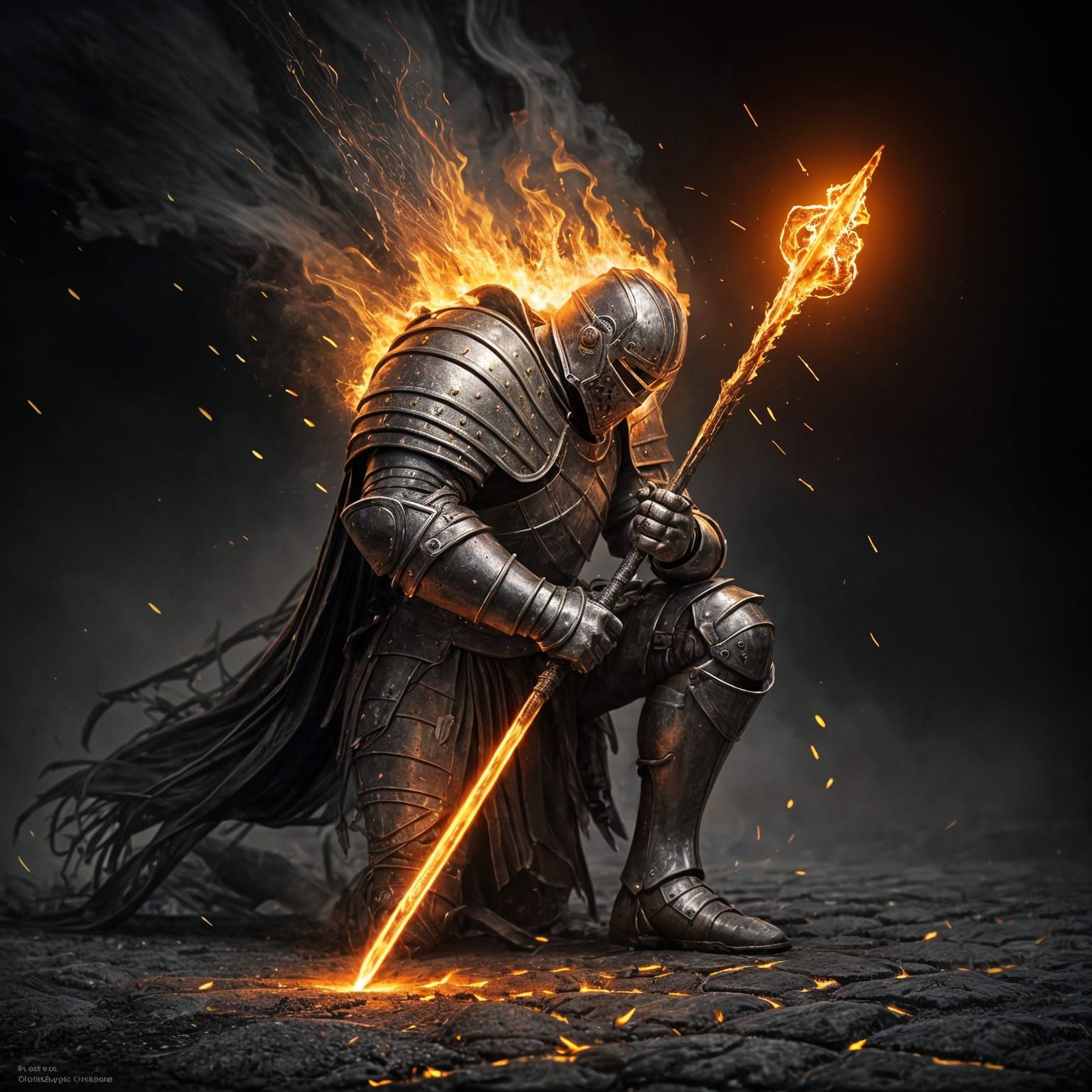 Knight in Fiery Armor Kneels in Darkness