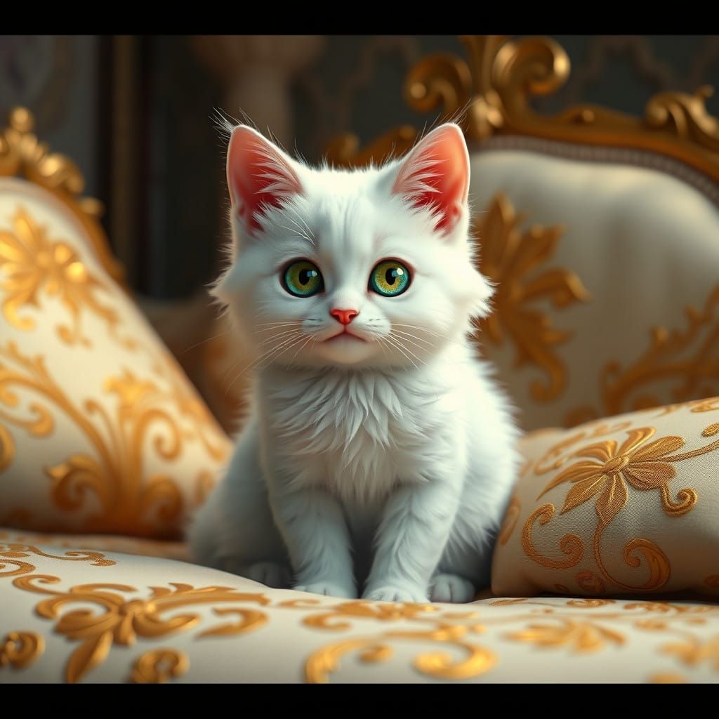 Regal White Cat on Luxurious Velvet Bed in Whimsical Fantasy...