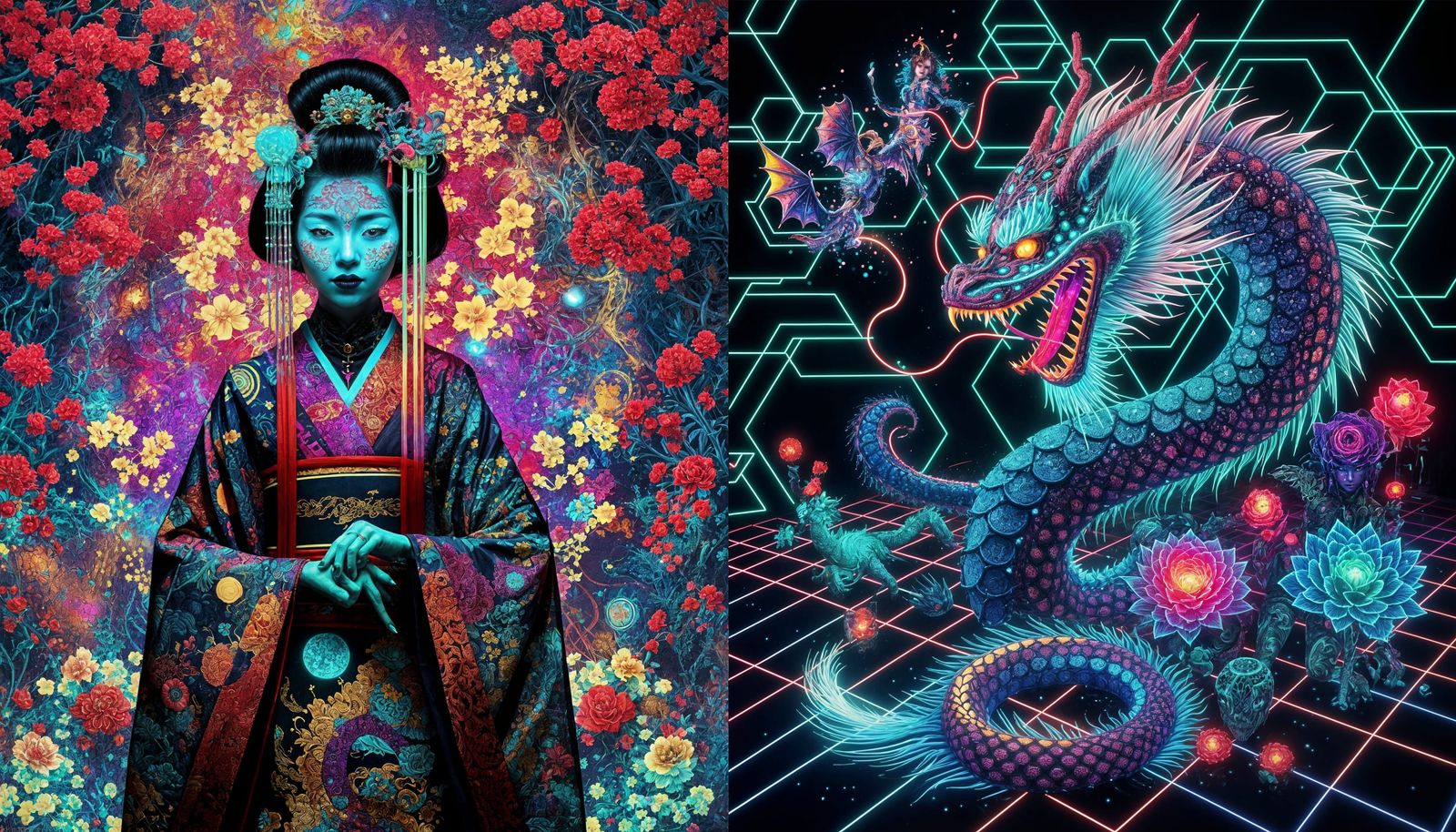 Cyberpunk Geisha Reigns in Glowing, Fractal Splendor
