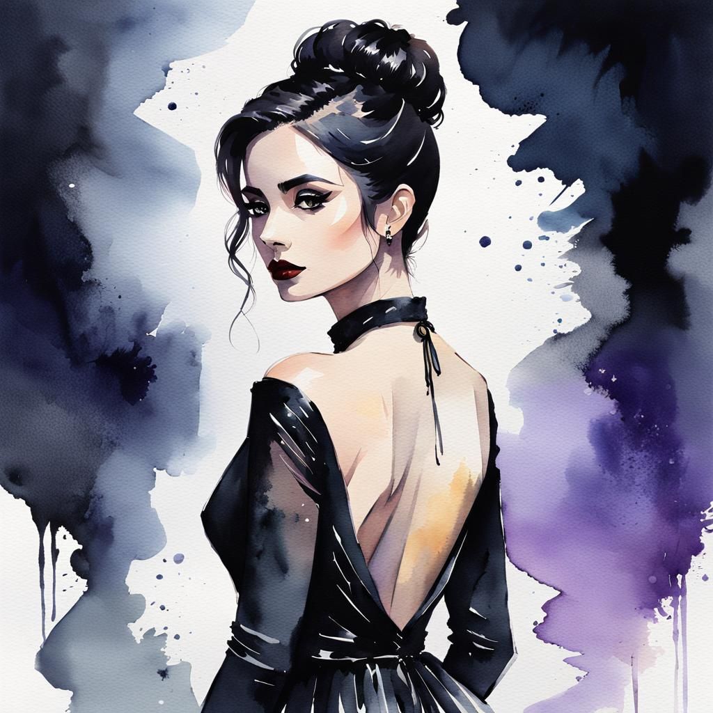 Eerie Gothic Woman in Watercolor Style